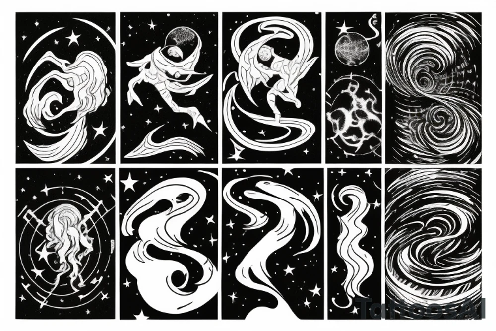 A cosmic entity riding the disco waves of the universe attempting to get away from heat death of universe tattoo idea