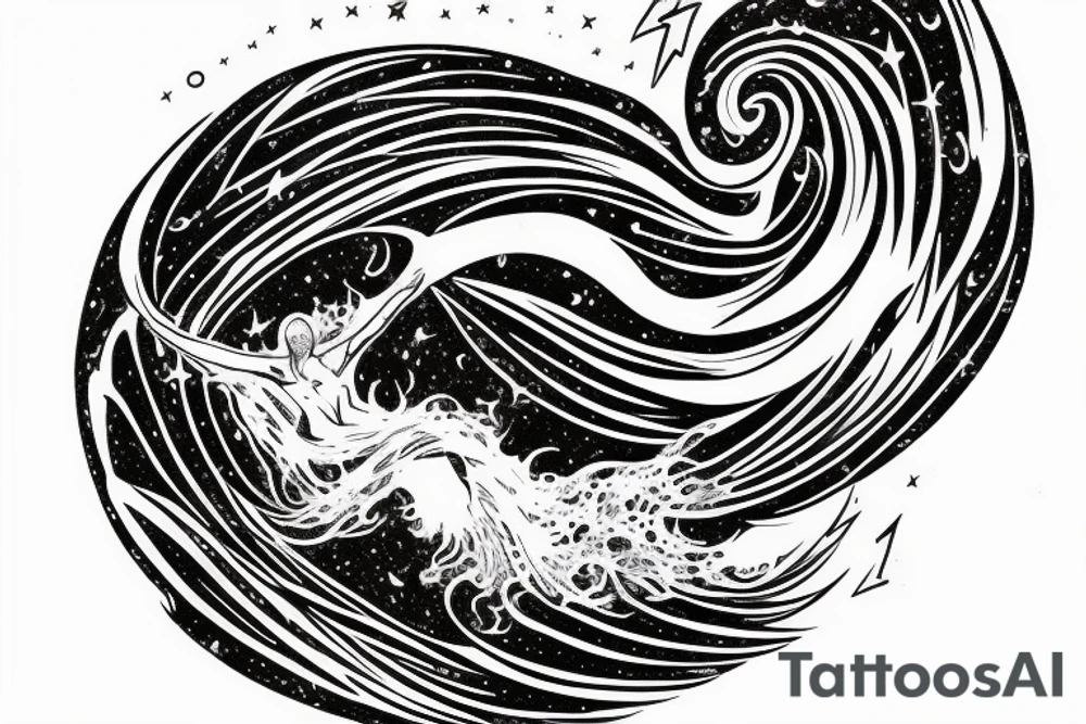 A cosmic entity riding the disco waves of the universe attempting to get away from heat death of universe tattoo idea