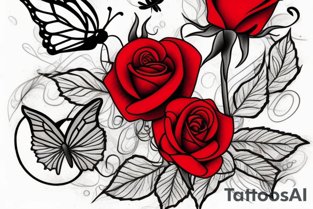 American traditional red rose with butterfly coming out of it. tattoo idea