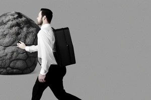 A man in a suit is walking to work. He has a briefcase in his right hand. A giant boulder is covering his waist up. tattoo idea
