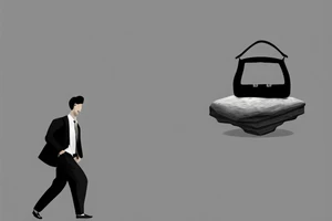 A man in a suit is walking to work. He has a briefcase in his right hand. A giant boulder is covering his waist up. tattoo idea