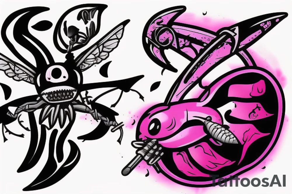Pink bee killing a grey shark with a dagger tattoo idea