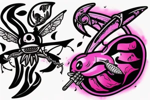 Pink bee killing a grey shark with a dagger tattoo idea