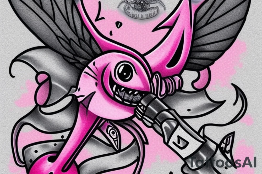 Pink bee killing a grey shark with a dagger tattoo idea