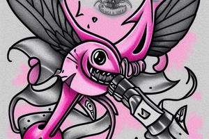 Pink bee killing a grey shark with a dagger tattoo idea