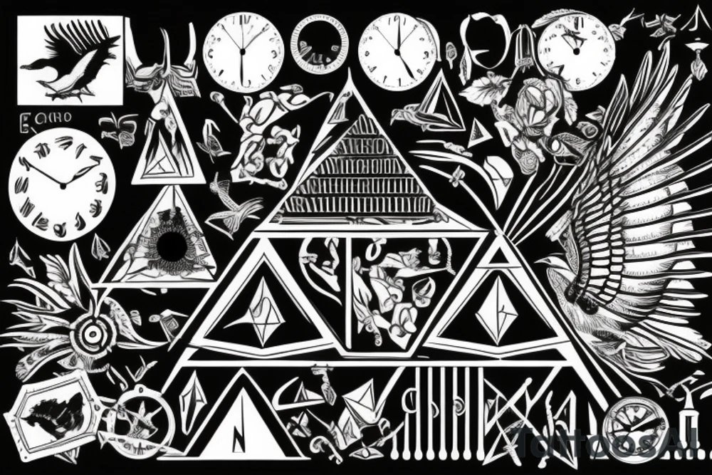 pyramid, clock, crows time tattoo idea