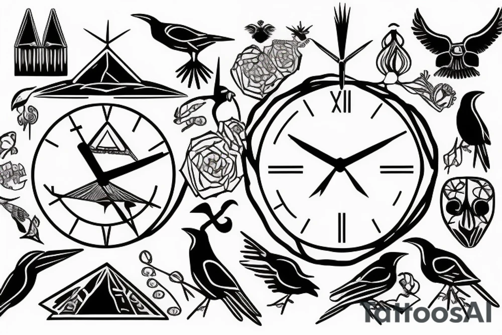 pyramid, clock, crows time tattoo idea
