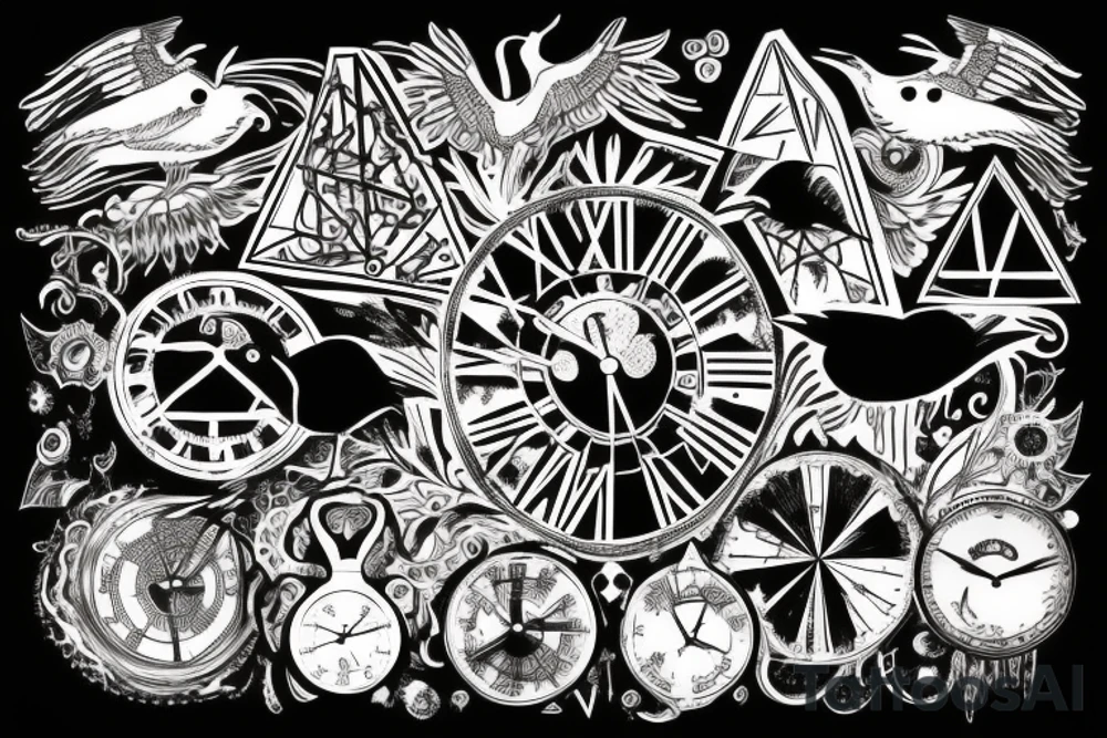 pyramid, clock, crows time tattoo idea