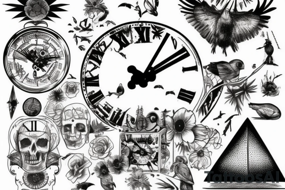pyramid, clock, crows time tattoo idea