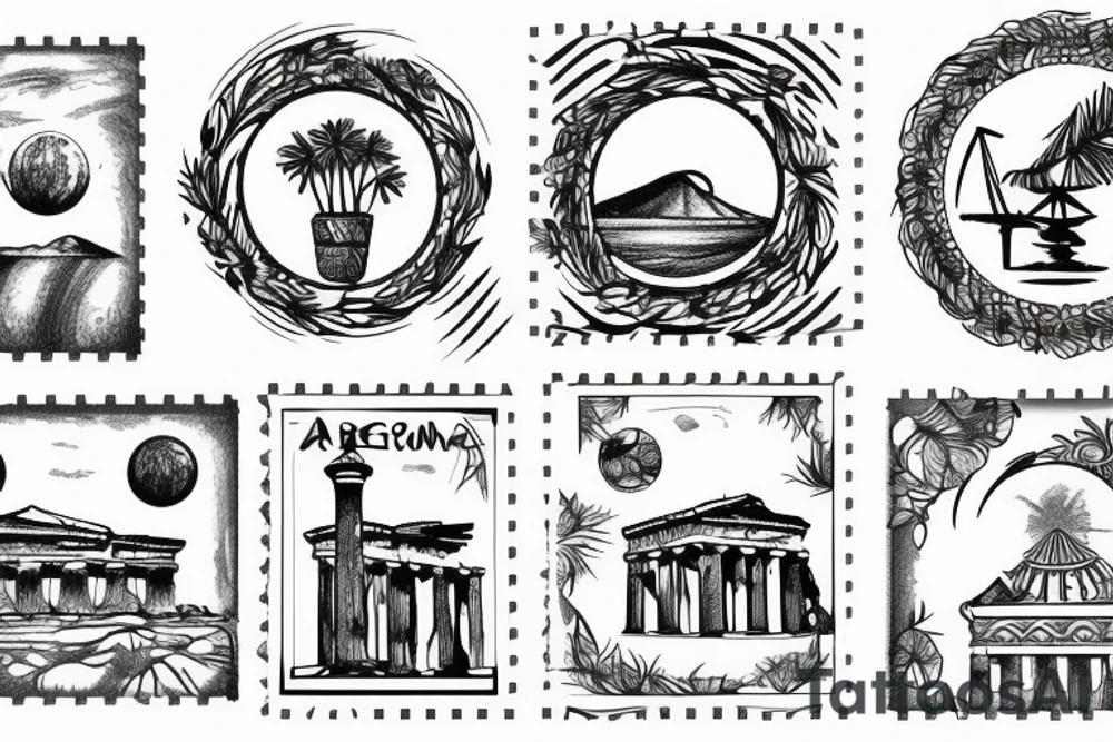 Stamp landscape in greece tattoo idea