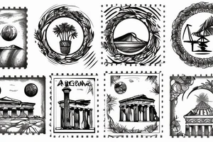 Stamp landscape in greece tattoo idea
