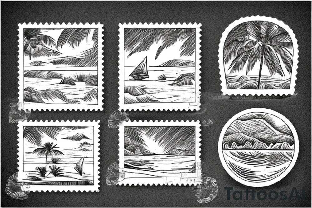 Stamp landscape of a beach in greece tattoo idea