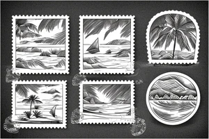 Stamp landscape of a beach in greece tattoo idea