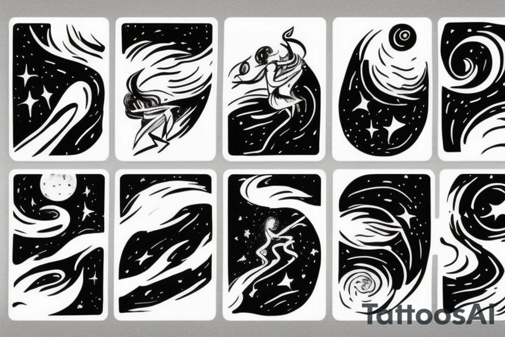 PLAYING CARD SIZED 
A cosmic entity riding the disco waves of the universe attempting to get away from heat death of universe

A humanoid cosmic entity has pieced themselves together and found beauty in the universe
calm waters and calm winds are here tattoo idea