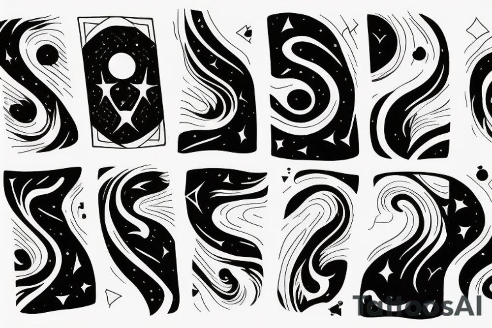 PLAYING CARD SIZED 
A cosmic entity riding the disco waves of the universe attempting to get away from heat death of universe

A humanoid cosmic entity has pieced themselves together and found beauty in the universe
calm waters and calm winds are here tattoo idea