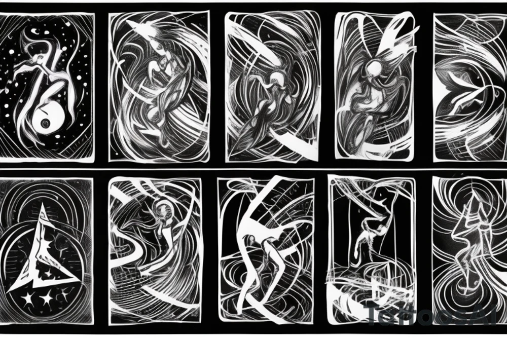 PLAYING CARD SIZED 
A cosmic entity riding the disco waves of the universe attempting to get away from heat death of universe

A humanoid cosmic entity has pieced themselves together and found beauty in the universe tattoo idea