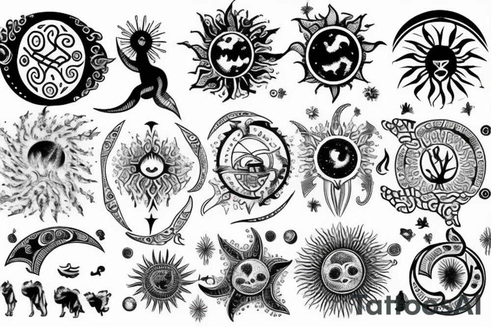 Back tattoo that has the tree of life with the sun and moon and mountains in a Nordic and astrology style tattoo idea