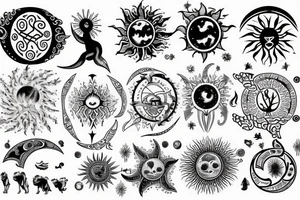 Back tattoo that has the tree of life with the sun and moon and mountains in a Nordic and astrology style tattoo idea