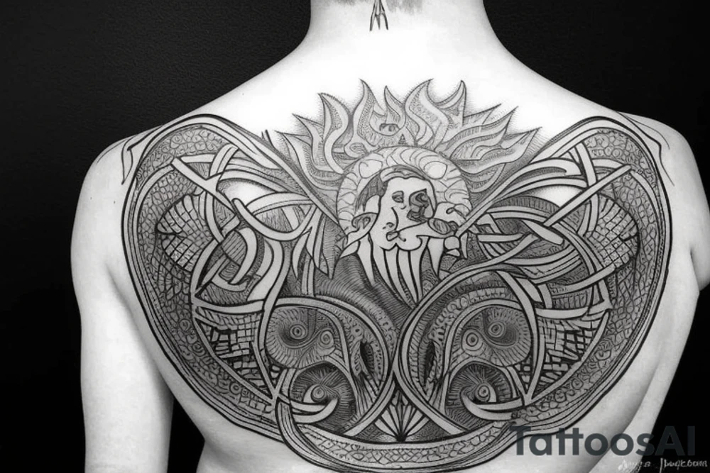 Back tattoo that has the tree of life with the sun and moon and mountains in a Nordic and astrology style tattoo idea