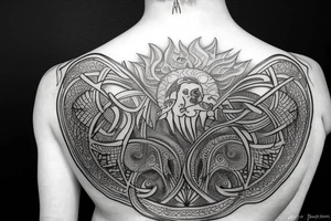 Back tattoo that has the tree of life with the sun and moon and mountains in a Nordic and astrology style tattoo idea