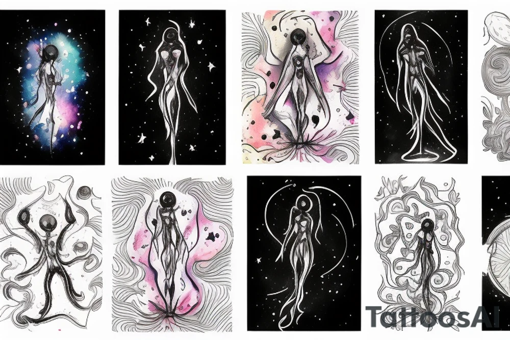 CARD SIZED 

humanoid cosmic entity coming out of a universal flower tattoo idea