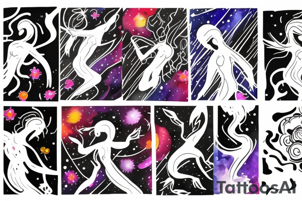 CARD SIZED 

humanoid cosmic entity coming out of a blossoming universal flower tattoo idea