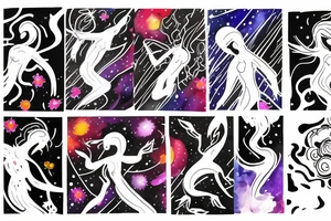 CARD SIZED 

humanoid cosmic entity coming out of a blossoming universal flower tattoo idea