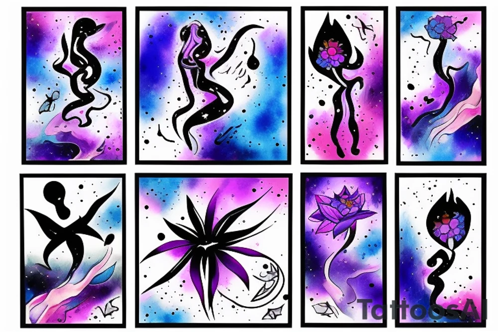 CARD SIZED 

humanoid cosmic entity coming out of a blossoming universal flower tattoo idea