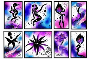 CARD SIZED 

humanoid cosmic entity coming out of a blossoming universal flower tattoo idea