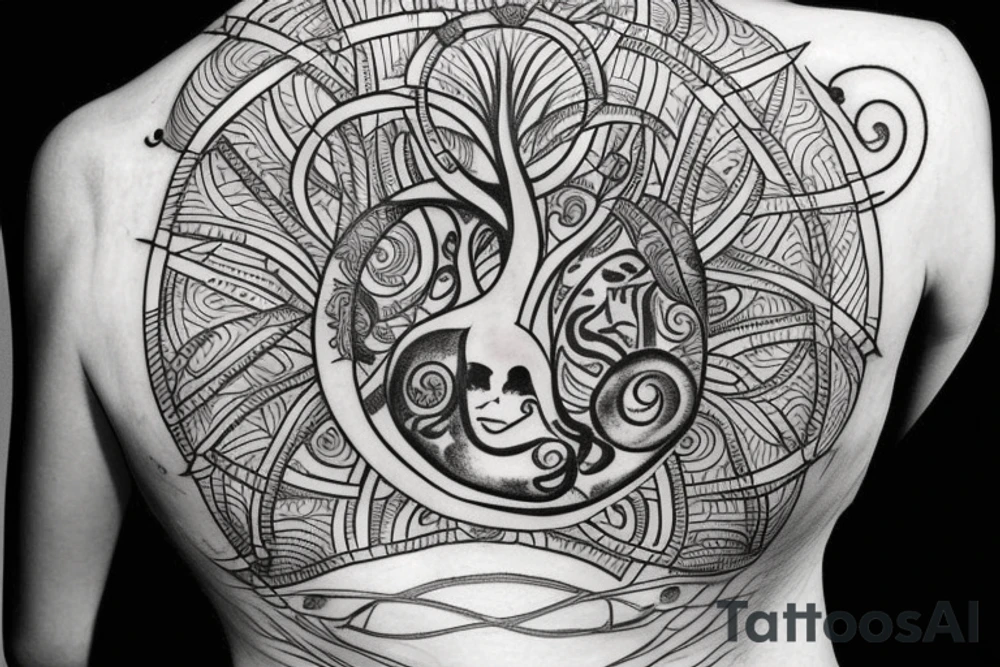 Back tattoo that has the circles with tree of life, the sun and moon and mountains in a Nordic and astrology style tattoo idea