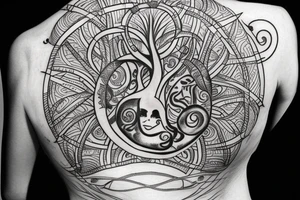 Back tattoo that has the circles with tree of life, the sun and moon and mountains in a Nordic and astrology style tattoo idea