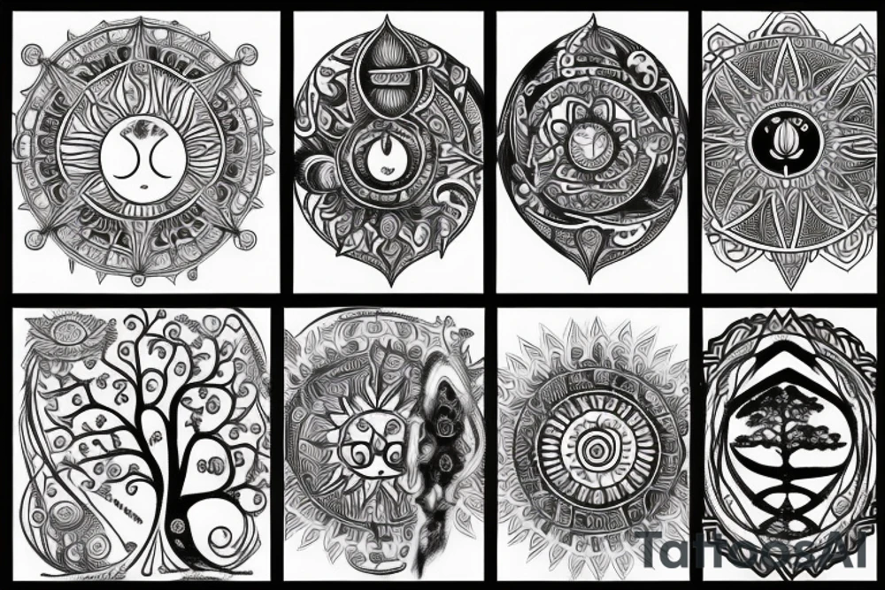 Back tattoo that has the circles with tree of life, the sun and moon and mountains in a Nordic and astrology style tattoo idea