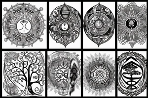 Back tattoo that has the circles with tree of life, the sun and moon and mountains in a Nordic and astrology style tattoo idea
