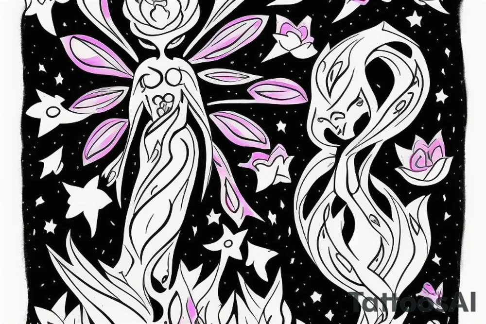 CARD SIZED 

humanoid cosmic entity coming out of a still blossoming universal flower tattoo idea