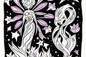 CARD SIZED 

humanoid cosmic entity coming out of a still blossoming universal flower tattoo idea