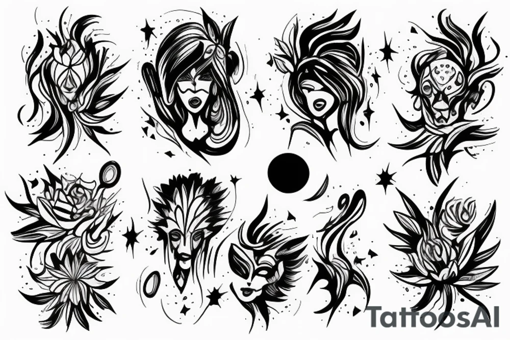 CARD SIZED 

humanoid cosmic entity coming out of a still blossoming universal flower tattoo idea