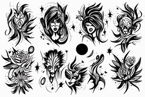 CARD SIZED 

humanoid cosmic entity coming out of a still blossoming universal flower tattoo idea