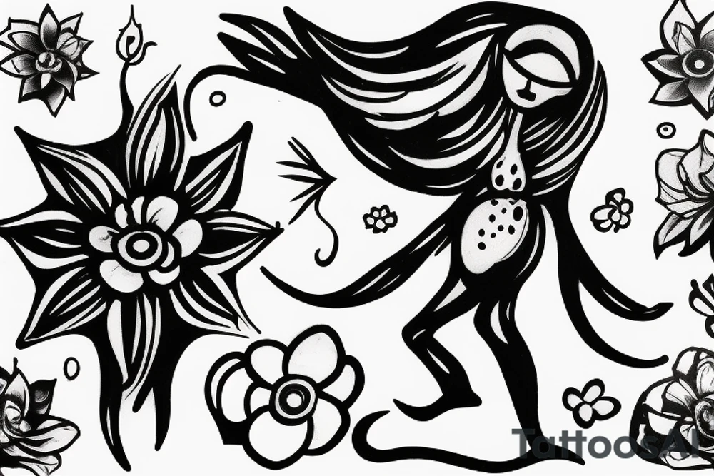CARD SIZED
humanoid cosmic entity coming out of a still blossoming universal flower tattoo idea