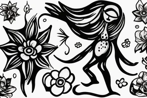 CARD SIZED 

humanoid cosmic entity coming out of a still blossoming universal flower tattoo idea