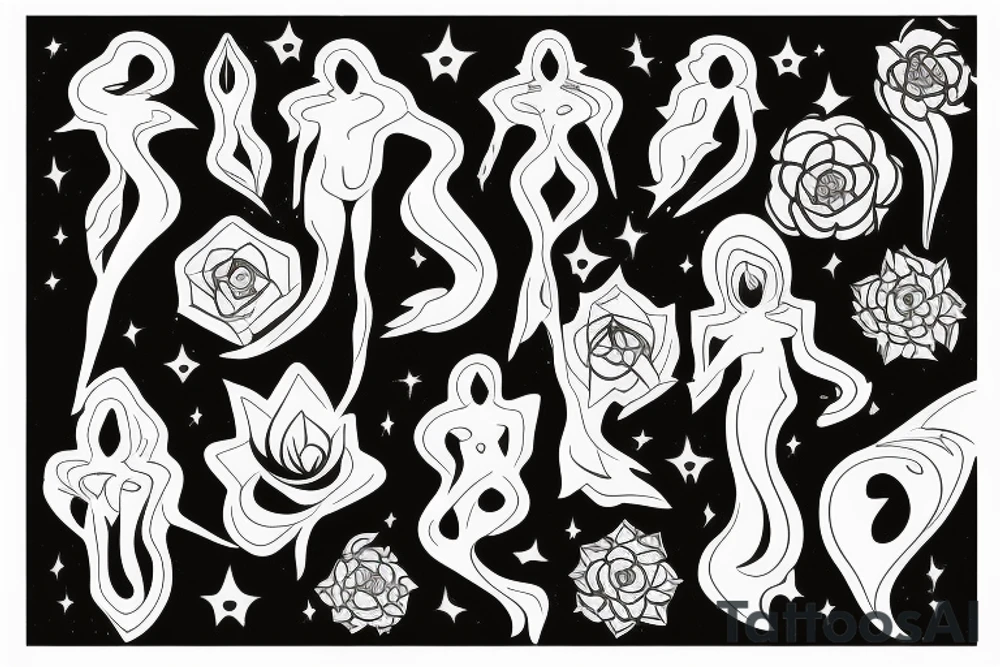 CARD SIZED
humanoid cosmic entity coming out of a still blossoming universal flower tattoo idea