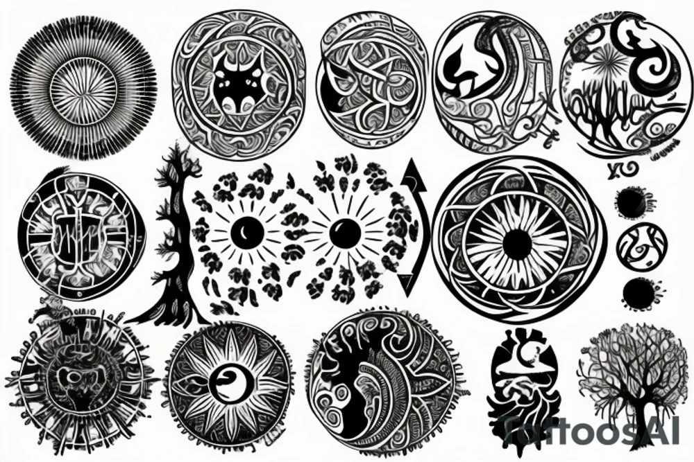 Back tattoo that has the circles with tree of life, the sun and moon and mountains in a Nordic and astrology style tattoo idea