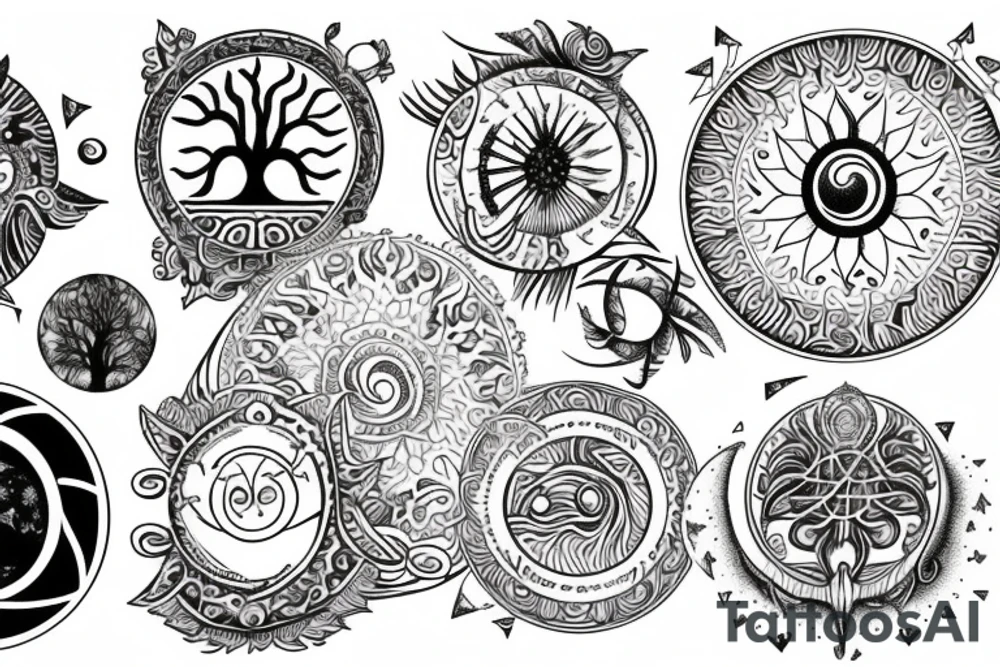 Back tattoo that has the circles with tree of life, the sun and moon and mountains in a Nordic and astrology style tattoo idea