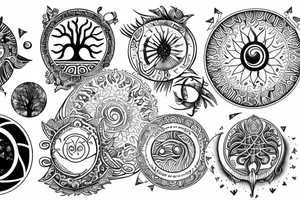 Back tattoo that has the circles with tree of life, the sun and moon and mountains in a Nordic and astrology style tattoo idea