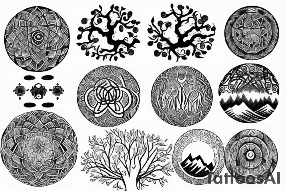 Back tattoo that has the circles with tree of life and mountains in a Nordic and astrology style tattoo idea