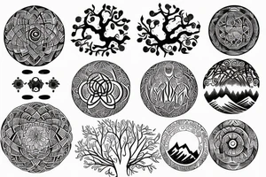 Back tattoo that has the circles with tree of life and mountains in a Nordic and astrology style tattoo idea