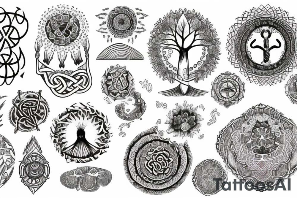 Back tattoo that has the circles with tree of life and mountains in a Nordic and astrology style tattoo idea