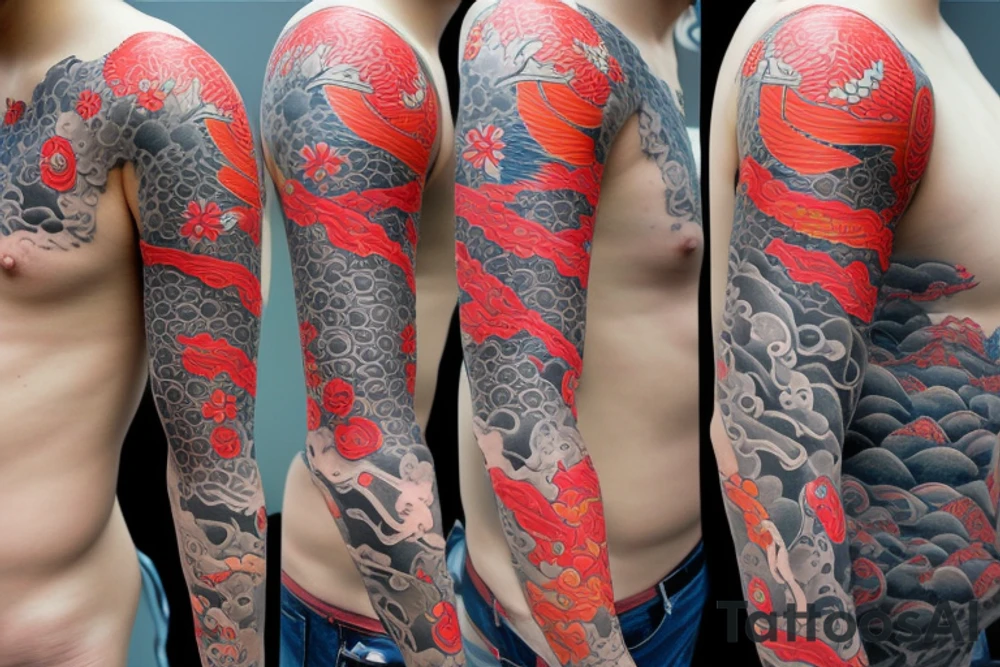 Full sleeve river in japanese style tattoo idea