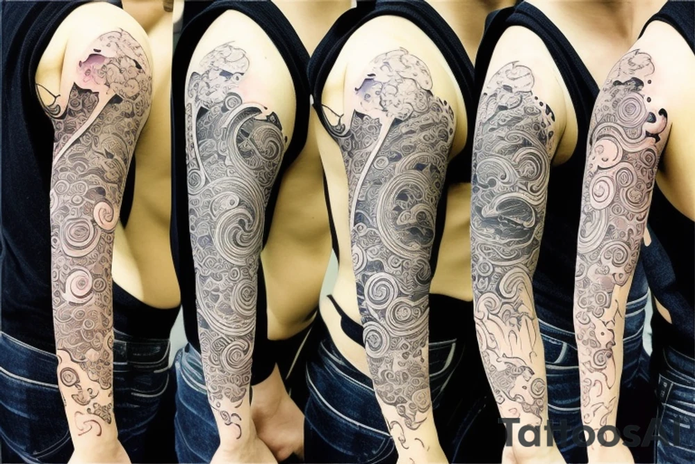 Full sleeve river in japanese style tattoo idea