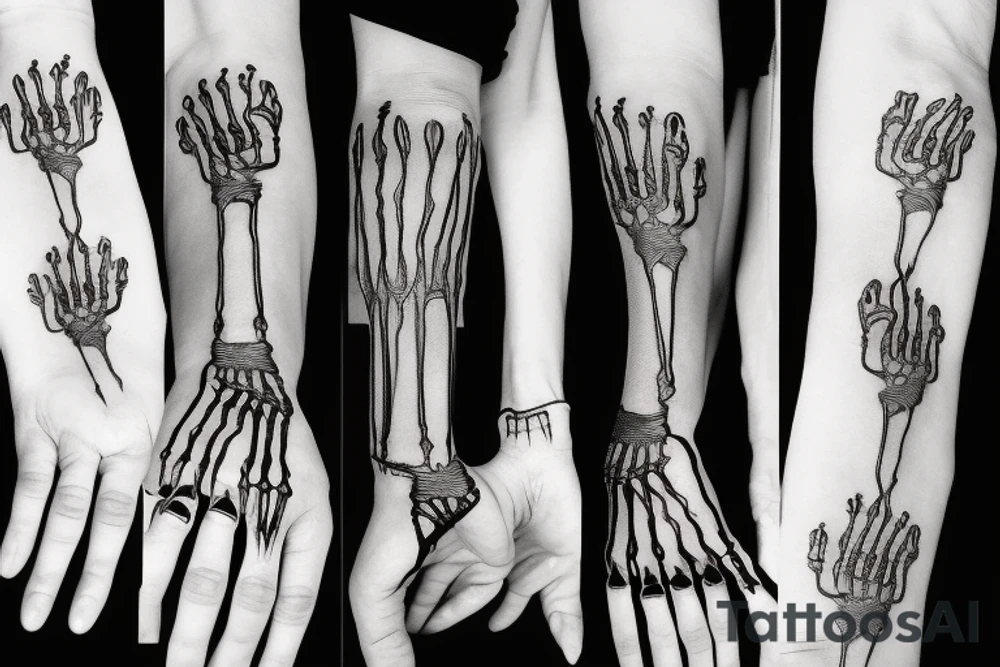 a skeletal hand reaching out, wrapped in a ribbon tattoo idea