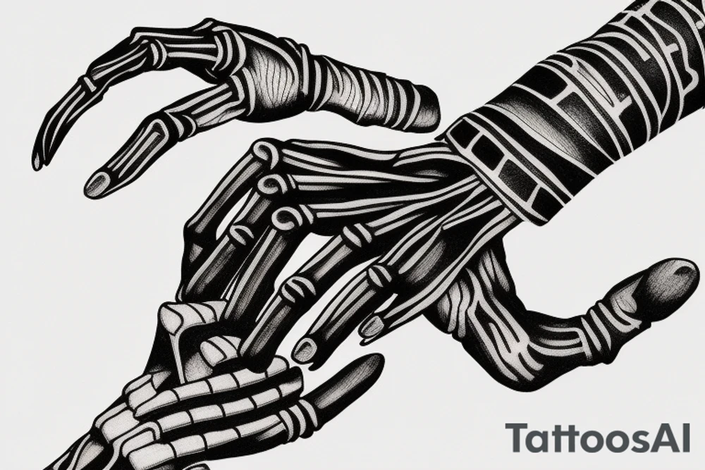 a skeletal hand reaching out, wrapped in a ribbon tattoo idea